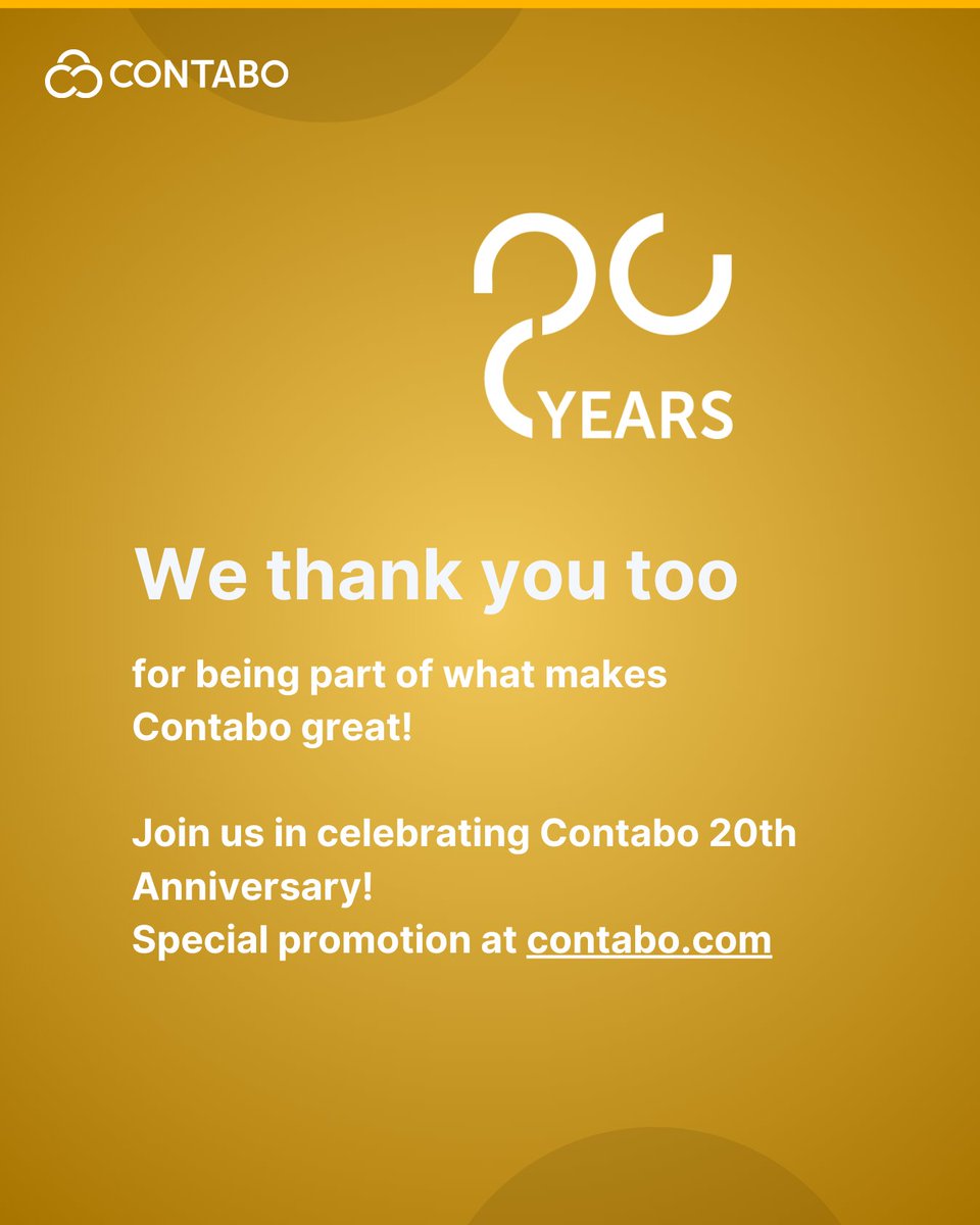 ContaboCom's tweet photo. We are so happy to receive your good wishes on our 20th anniversary. Thank you for being with Contabo 💙💛
Leave a comment down below if you also want to share your congratulations!
#Contabo20 https://t.co/Dy2GEipPpP
