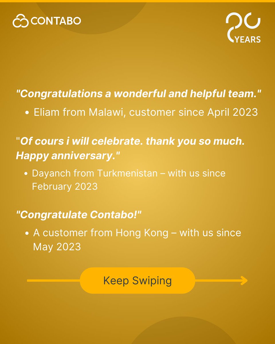 ContaboCom's tweet photo. We are so happy to receive your good wishes on our 20th anniversary. Thank you for being with Contabo 💙💛
Leave a comment down below if you also want to share your congratulations!
#Contabo20 https://t.co/Dy2GEipPpP