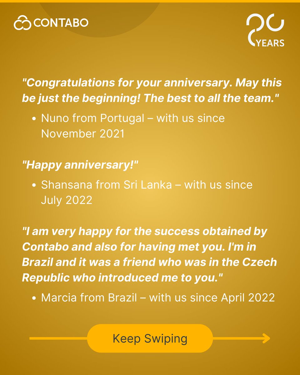 ContaboCom's tweet photo. We are so happy to receive your good wishes on our 20th anniversary. Thank you for being with Contabo 💙💛
Leave a comment down below if you also want to share your congratulations!
#Contabo20 https://t.co/Dy2GEipPpP
