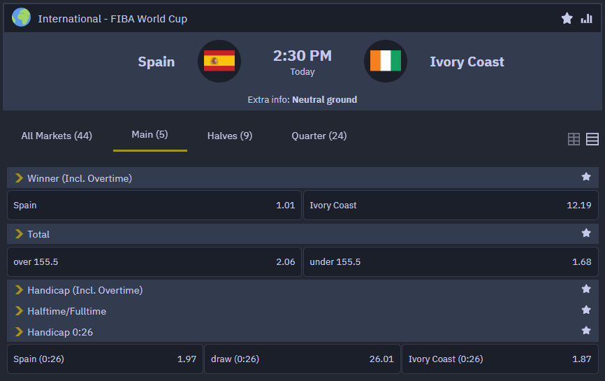 gambullscasino's tweet photo. #Spain vs. #IvoryCoast match is about to light up the court in 1 hour!
Have you placed your bet yet?
https://t.co/wnODsJjEvZ
#ESPCIV #FIBAWC #GambullsCasino #gambulls #gambullish https://t.co/odv3Q6M7P2