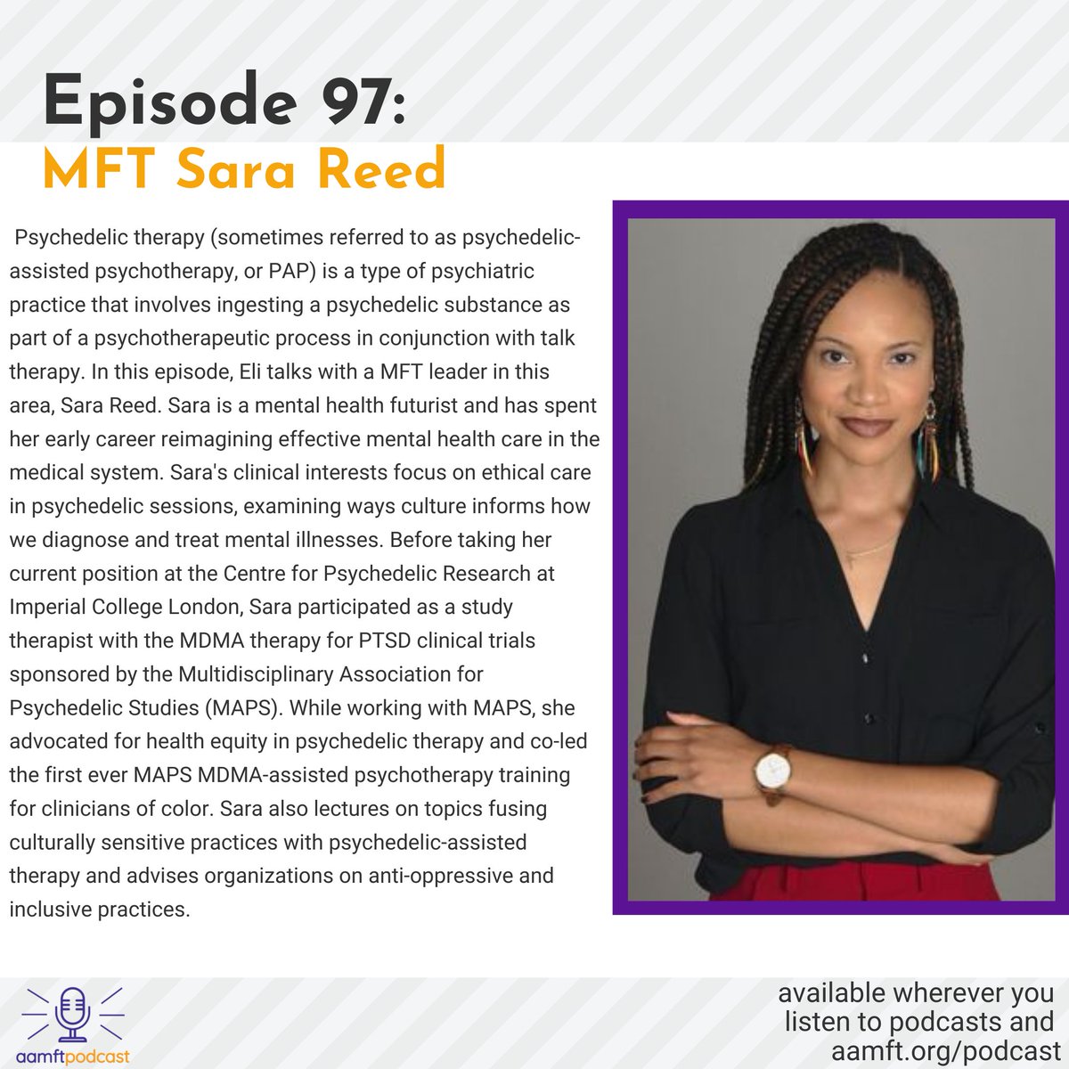 Tune in to today’s episode, where our host Eli talks with mental health futurist MFT Sara Reed about the benefits of Psychedelic therapy. Listen wherever you get your podcasts or at aamft.org/podcast
#AAMFT #Clinician #Mentalhealth #Counseling