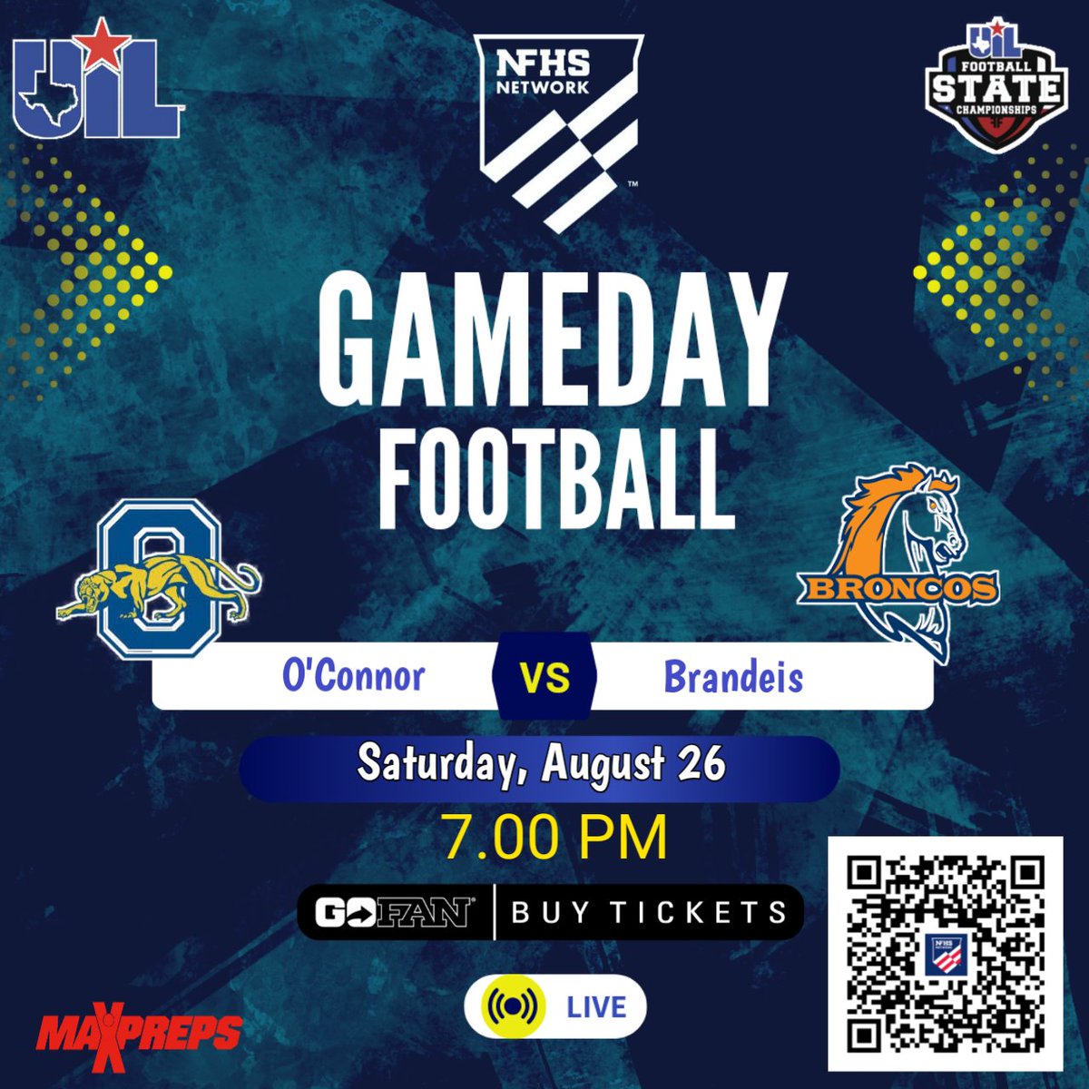 🏆UILTEXAS FOOTBALL 
🏈 O'Connor vs Brandeis
📽️ Live Streaming - bit.ly/3YufkaQ
📅Saturday, August 26 @ 7p.
<a href="/OCathletics1819/">O’Connor HS Athletics</a> <a href="/NISDOConnorHS/">O'Connor High School</a> <a href="/ocpantherfb/">OC Panther Football</a> <a href="/zachcherniss6/">Zach</a> <a href="/Ryan_mason2025/">Ryan Mason</a> <a href="/ryderdorn/">Ryder Dorn</a> <a href="/CoachGuyAment/">Guy Ament</a> <a href="/mattgxrza/">Matt Garza</a>  <a href="/BroncosBrandeis/">Brandeis Broncos Athletic Booster Club</a> <a href="/CaidenRod2026/">Caiden Rodriguez</a> <a href="/CoachYniguez/">Nino Yniguez</a>