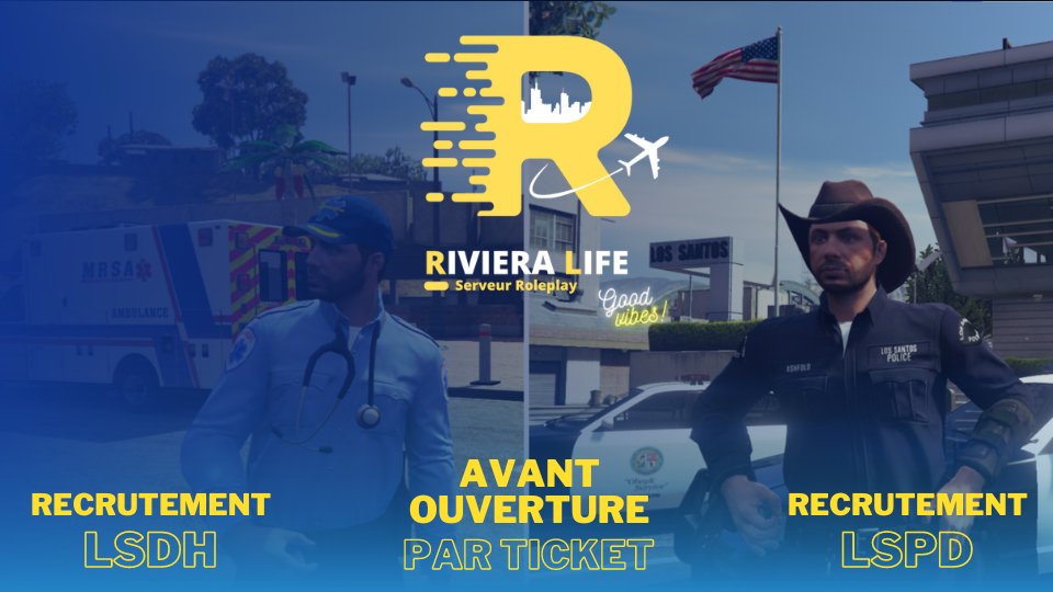 Riviera_Life's tweet photo. Recrutement ouvert avant ouverture officielle du serveur #GTA5 #Roleplay pour la LSPD et la LSDH ! Nous attendons vos candidatures HRP via ticket staff sur Discord.

👉 https://t.co/OekL7GKRrd

#GTARP #RP #GTAV https://t.co/rZgY5ckPDU