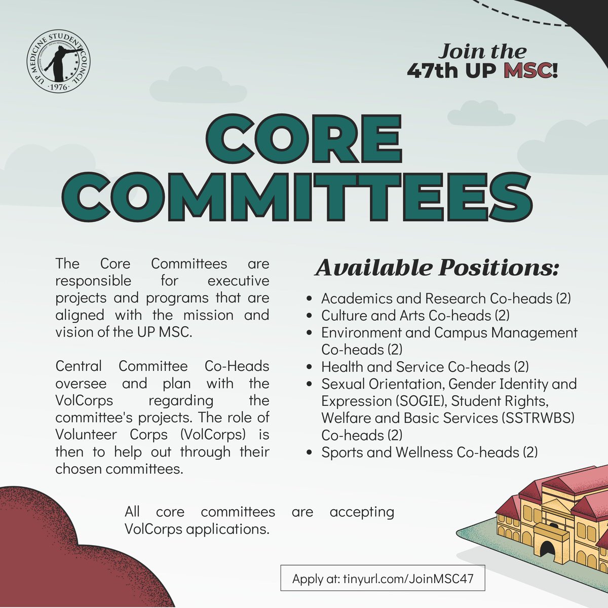 𝗕𝗲 𝗽𝗮𝗿𝘁 𝗼𝗳 𝘁𝗵𝗲 𝗨𝗣 𝗠𝗲𝗱𝗶𝗰𝗶𝗻𝗲 𝗦𝘁𝘂𝗱𝗲𝗻𝘁 𝗖𝗼𝘂𝗻𝗰𝗶𝗹!

The 47th UP MSC is now accepting applications for the MSC Executive, Technical, and Core Committees ✨

Submit your applications through: 🔗tinyurl.com/JoinMSC47🔗

We'd love to work with you! 🤍