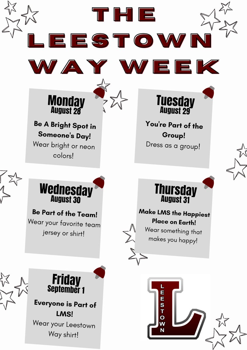 TheLeestownWay's tweet photo. This coming week is all about The Leestown Way! 
Here’s a guide to plan your outfits for spirit week. https://t.co/Rxm3c7970b