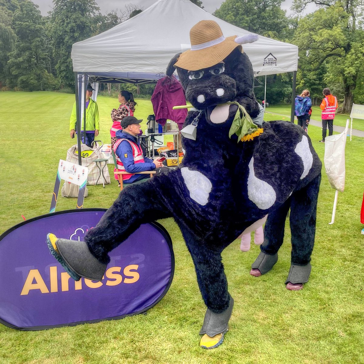 robtomlin's tweet photo. Get the Guinness Book of Records on the sodding phone… cow smashes the ‘under-an-hour-trot’@alnessparkrun 🐄🌻 #loveparkrun 🌳 @parkrunUK https://t.co/NO8VWTi3gW