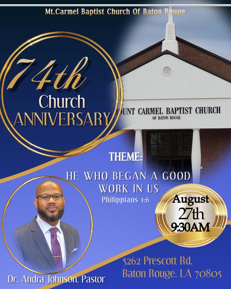 rizriz04's tweet photo. To help us celebrate our 74th Anniversary of God's Faithfulness, we would like to extend an invitation to a special celebratory service that will be held on Sunday, August 27th,273 at 9:30 am. Ma.m God continue to bless you, as he has blessed Mount Carmel Baptist Church. https://t.co/LU7FzobY09