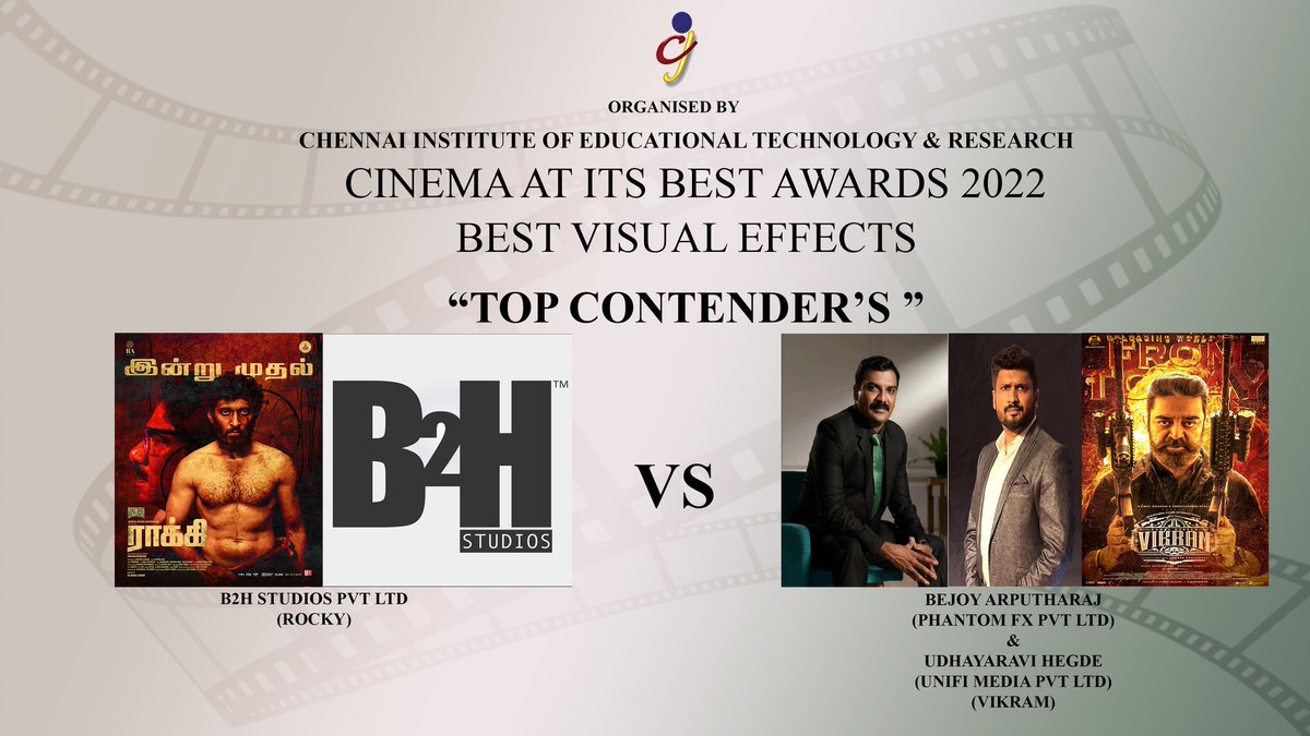 Cinema at its Best (@cinemaatitsbest) on Twitter photo #CAIBAWARDS 2022
#TOPCONTENDERS
#BESTVISUALEFFECTS
<a href="/B2H_Studios/">B2H Studios</a>
#ROCKY
<a href="/ArunMatheswaran/">Arun Matheswaran</a> <a href="/rastudiosindia/">RA STUDIOS</a> <a href="/crmanojkumaar/">C R Manoj kumar</a>
<a href="/bejoyraj/">Bejoy Arputharaj</a> <a href="/phantomfx_india/">PhantomFX</a>
#UDHAYARAVIHEGDE #UNIFIMEDIA
#VIKRAM
<a href="/Dir_Lokesh/">Lokesh Kanagaraj</a>
<a href="/RKFI/">Raaj Kamal Films International</a>
<a href="/ikamalhaasan/">Kamal Haasan</a> #CAIBAWARDS 2022
#TOPCONTENDERS
#BESTVISUALEFFECTS
<a href="/B2H_Studios/">B2H Studios</a>
#ROCKY
<a href="/ArunMatheswaran/">Arun Matheswaran</a> <a href="/rastudiosindia/">RA STUDIOS</a> <a href="/crmanojkumaar/">C R Manoj kumar</a>
<a href="/bejoyraj/">Bejoy Arputharaj</a> <a href="/phantomfx_india/">PhantomFX</a>
#UDHAYARAVIHEGDE #UNIFIMEDIA
#VIKRAM
<a href="/Dir_Lokesh/">Lokesh Kanagaraj</a>
<a href="/RKFI/">Raaj Kamal Films International</a>
<a href="/ikamalhaasan/">Kamal Haasan</a>