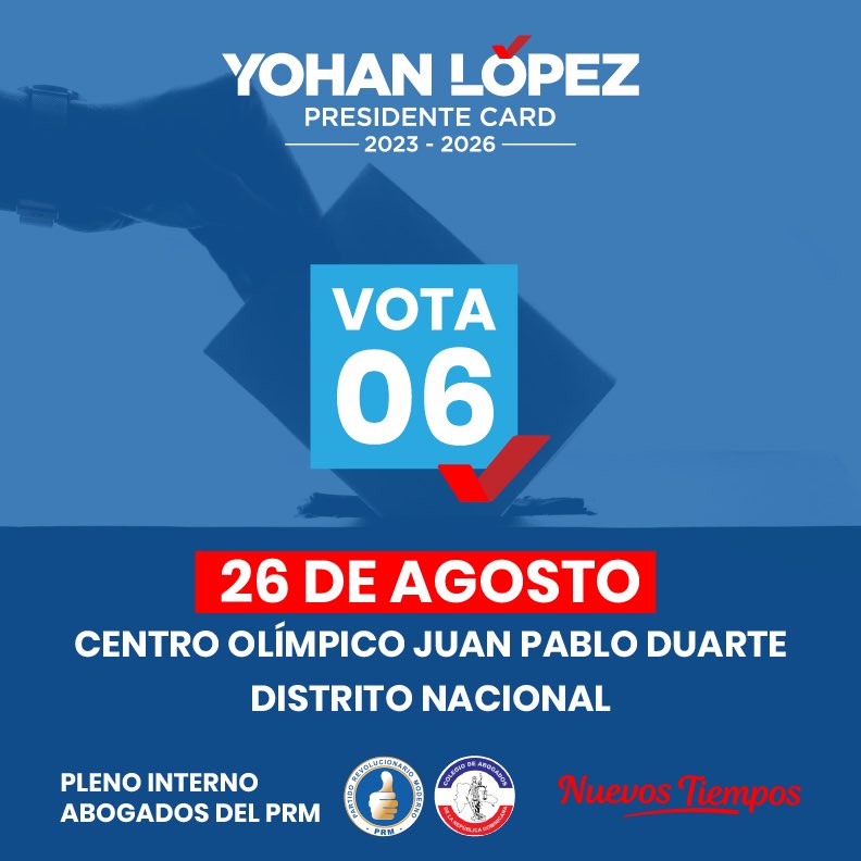 yohanlo's tweet photo. Vota por los Nuevos Tiempos, vota 06, y juntos lograremos resaltar la imagen del CARD.
#NuevosTiempos
#YohanLopez
#PresidenteCARD
#Abogados
#AvancemosJuntos https://t.co/MCvMDJZ7kw