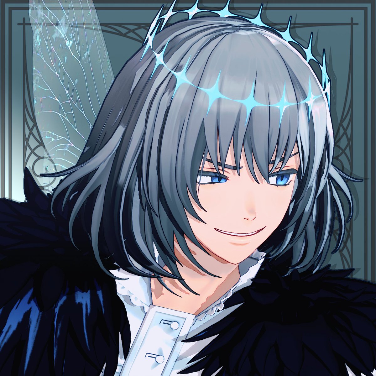 oberon (fate) 1boy male focus blue eyes one eye closed smile solo crown  illustration images