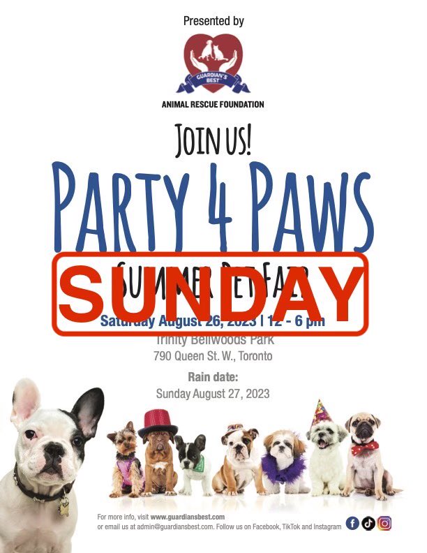 Moved to tomorrow same great event and venue ⁦⁦<a href="/TrinityBellwood/">Trinity Bellwoods & Park</a>⁩
#dogfestival #sundayevent #familyfriendly #torontoevents ⁦<a href="/blogTO/">blogTO</a>⁩ ⁦<a href="/CityNewsTO/">CityNews Toronto</a>⁩ ⁦<a href="/CBCToronto/">CBC Toronto</a>⁩ ⁦<a href="/to_downtownwest/">Toronto Downtown West BIA</a>⁩ ⁦<a href="/queenstreetwest/">Queen Street West</a>⁩ ⁦<a href="/DundasWestBIA/">Dundas West BIA</a>⁩