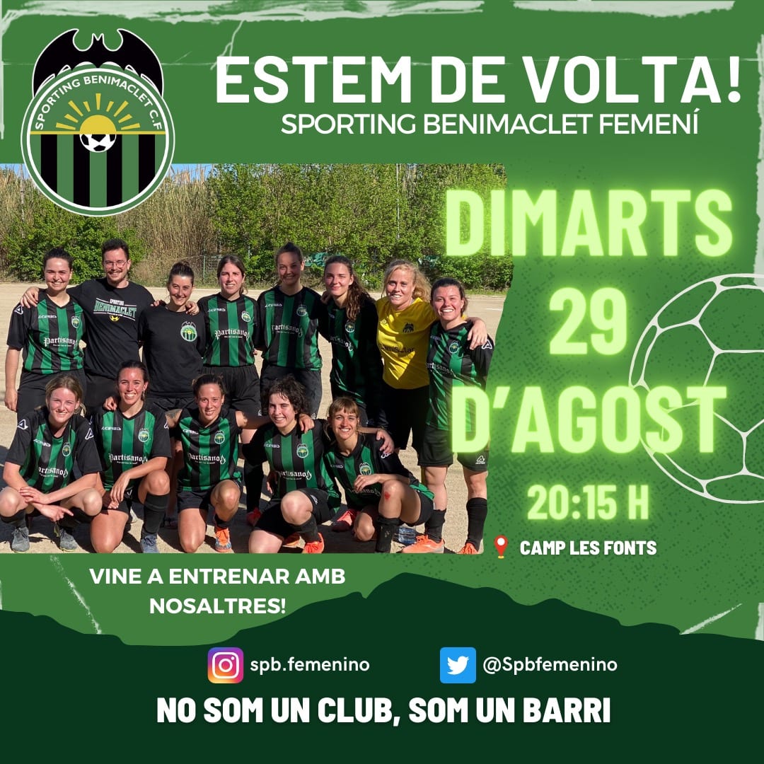 Hola a totes👋🏻

Ja estem de tornada, i perfí podem confirmar-vos que comencem els entrenaments el pròxim dimarts 29 d’agost a les 20.15 al nostre camp de Les Fonts⚽️

Tenim moltes ganes de posar en marxa aquesta nova temporada 💚🖤

Us esperem a totes aquelles que vulguen acudir