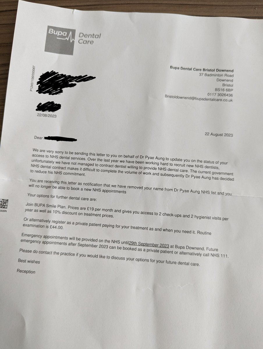 Man_Overboard's tweet photo. @CSkidmoreUK any plans from gov to sort out issues with NHS dentists? My wife has been dropped by our surgery in Downend because, 'we don't want to do NHS work'. Been registered there for years. Never missed an appointment. Other dentists taking on NHS patients are non-existent. https://t.co/c2c1RMY33r