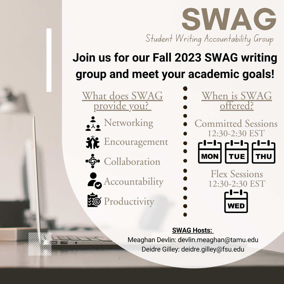 ATTN #PhD Students: do you need a writing accountability group?! Well do @DevlinMeaghan &amp; I have the answer for you! Our Fall 2023 SWAG Writing Group starts next week &amp; we would love to have YOU join us! Be sure to register today: tinyurl.com/fall23SWAG #AcademicTwitter #SPED