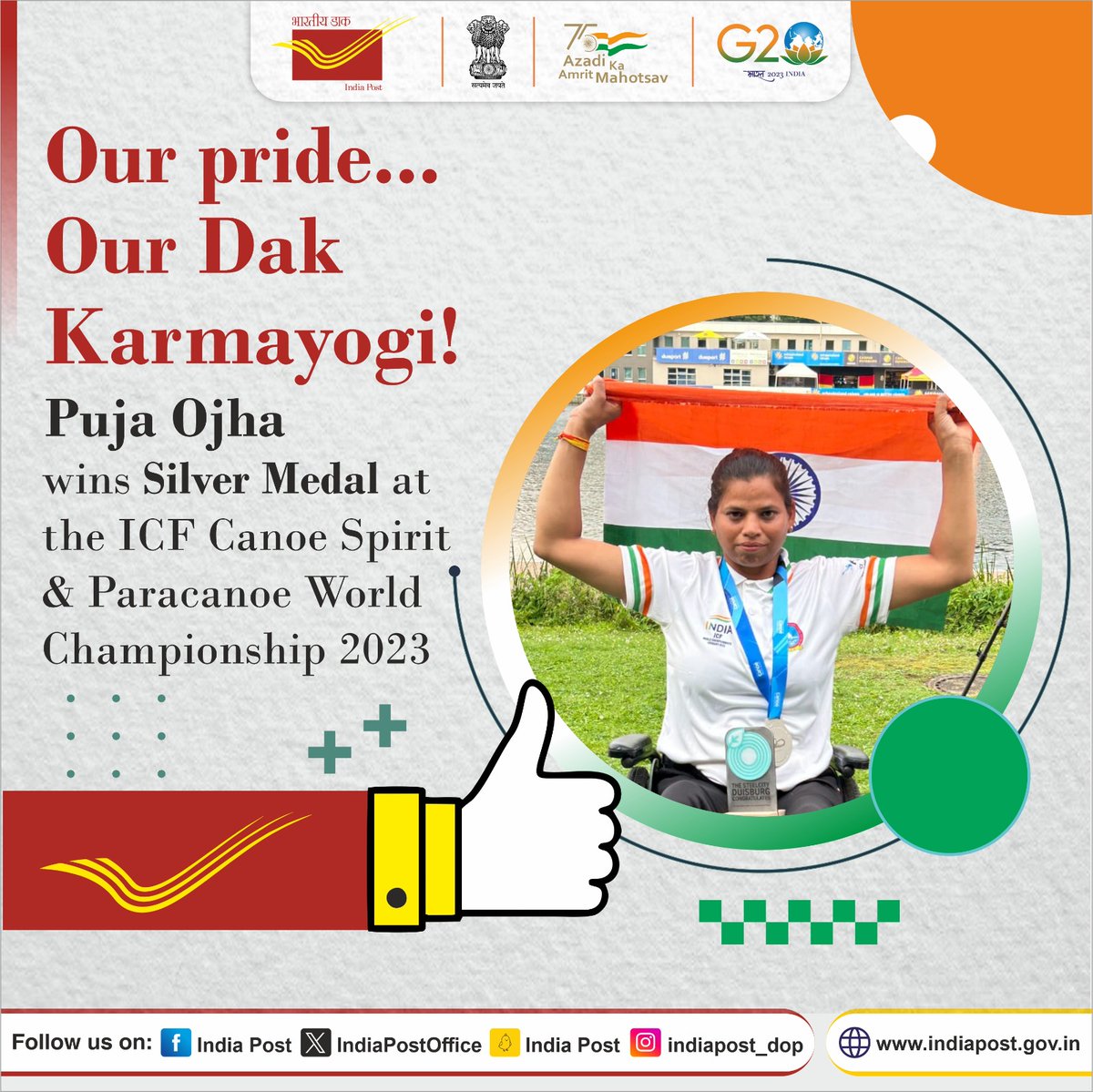 Congratulations to our #Dak_Karmyogi, Pooja Ojha. She won the Silver Medal at the ICF Canoe Spirit & Paracanoe World Championship 2023 held in Germany. She is working as a Postal Assistant in Andheri HO. 

India Post is proud of you🇮🇳
#AapkaDostIndiaPost