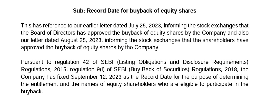 anubhav152's tweet image. Record date for L&amp;amp;T buyback is out.

It is 12th September, 2023.

All the shareholders holding shares on 12th September will be eligible to participate in the buyback.

#buyback
#recorddate
#lnt