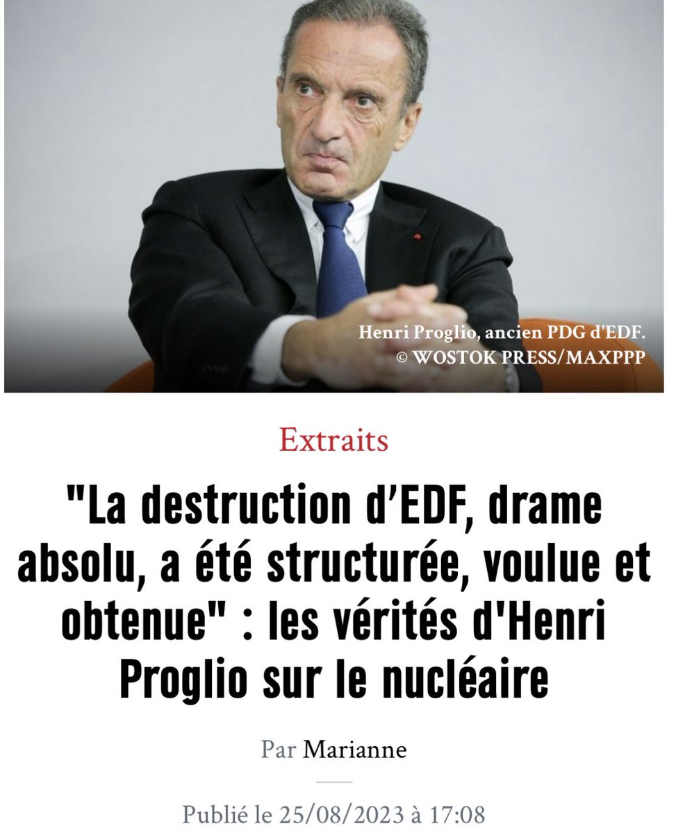 f_philippot's tweet photo. « La destruction d’EDF a été structurée, voulue et obtenue » !
L’ancien PDG d’EDF, Henri Proglio, se lâche et balance tout !

On parle de haute trahison : des gouvernements français ont sciemment détruit le numéro 1 mondial et champion national !

Il faut des procès et en taule ! https://t.co/SoAJjbxJ1F