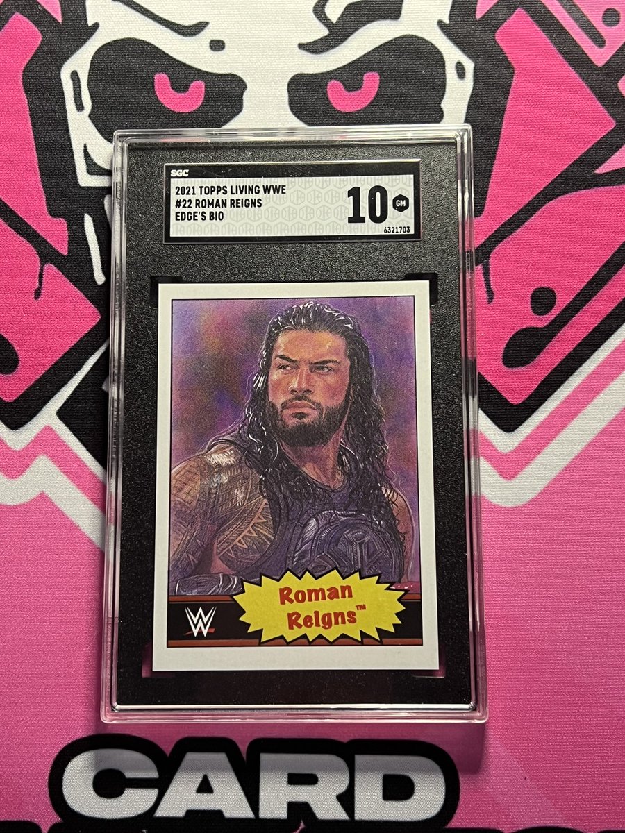 cardfoundpod's tweet photo. #SaturdaySlabs featuring Topps! During the Living Set run a few of these trickled out into collectors hands. This Roman Reigns card features the bio back of Edge! Who was able to secure these before Topps corrected the card? https://t.co/2uMUza1iS4