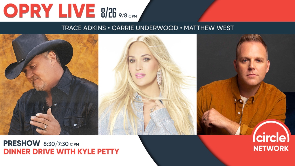 Love will… lead you to Opry Live! Tune in tonight at 9/8c pm for a pre-recorded show ft @traceadkins, @carrieunderwood and @matthew_west! ♥️ Head over to our FB & YT early to catch an episode of Dinner Drive with Kyle Petty at 8:30/7:30c pm, then Opry Live. #CircleNetwork