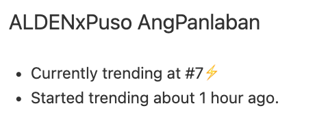 AldenTrendsOFC's tweet photo. Our ONE ALDEN tagline now trending at NUMBER 7 on trends24!

Ito na yata ang pinakamahirap sa lahat ng multitasking na ginawa natin 😢

@aldenrichards02  @MPKGMA 
#AtHisBestALDEN
#ALDENRichards
ALDENxPuso AngPanlaban https://t.co/dfJ6LJz0ul