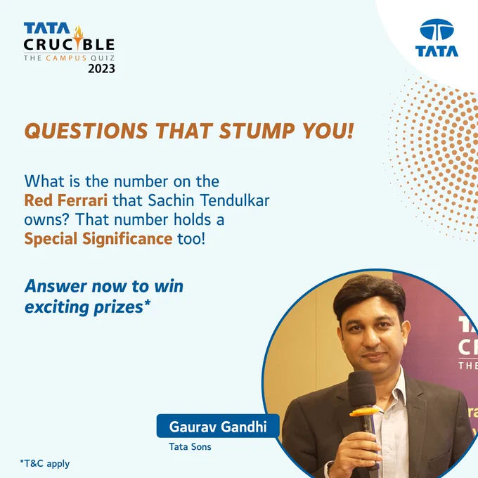 SmartCodeTec's tweet image. Here’s a question that stumped Gaurav Gandhi!​

What is the number on the Red Ferrari that Sachin Tendulkar owns? That number holds a special significance too!​

Comment below!

Participate now and WIN exciting prizes*! 🎁 *T&amp;amp;C apply!​

#TataCrucible #ContestAlert #CuriousMinds