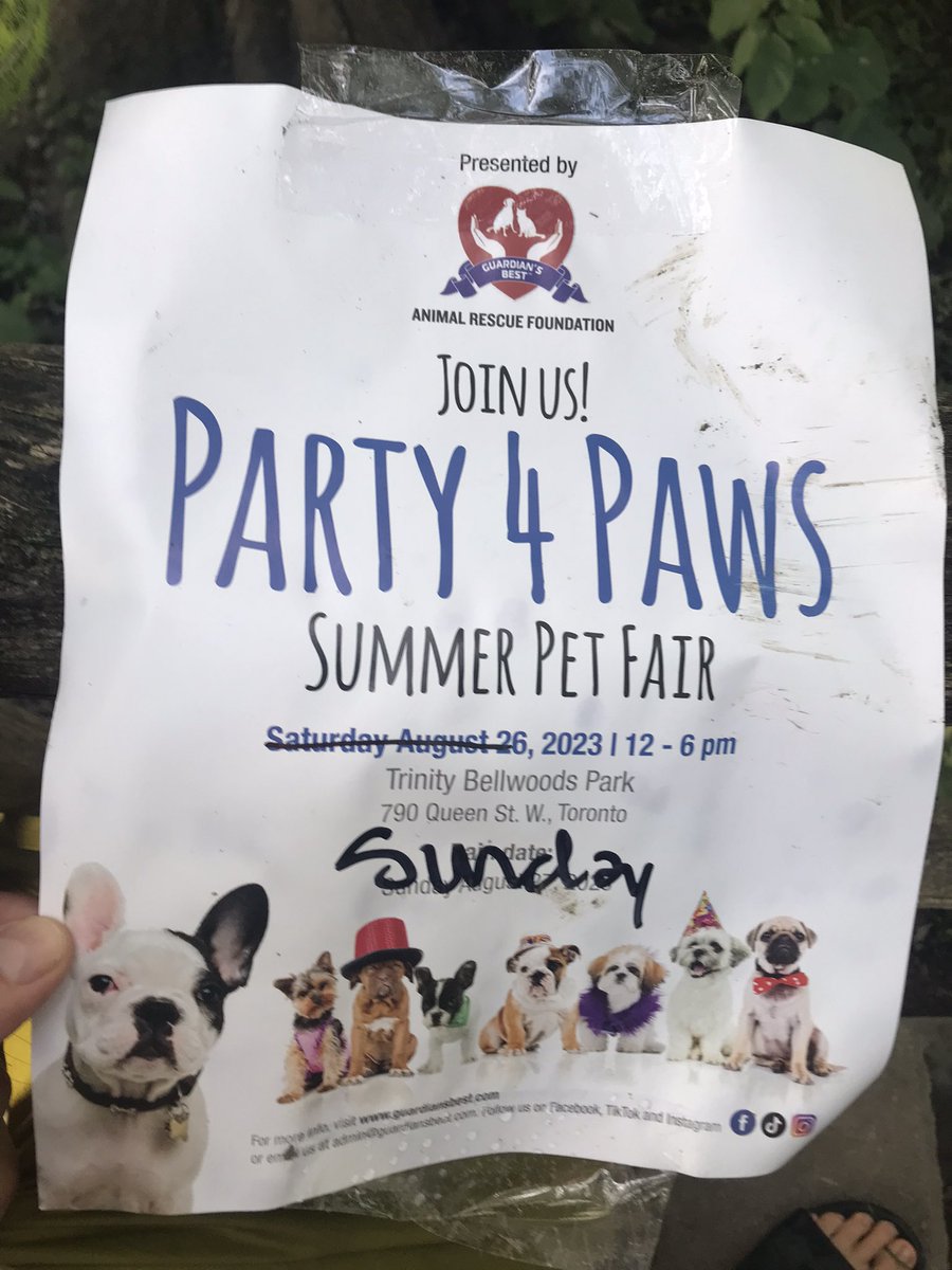 Great event moved to tomorrow for all dog lovers <a href="/TrinityBellwood/">Trinity Bellwoods & Park</a> <a href="/FriendsofTriBel/">Trinity Bellwoods Park</a> <a href="/OntarioParks/">Ontario Parks</a> <a href="/torontodogstuff/">Toronto Dog Stuff</a> <a href="/torontodogs_com/">Torontodogs.com</a> <a href="/DogsToronto/">Caper's Mom</a> <a href="/BicycleMayorTO/">Bicycle Mayor of Toronto</a> <a href="/torontodogspot/">Toronto Dog Spot</a> #SundayFunday #dogsoftoronto