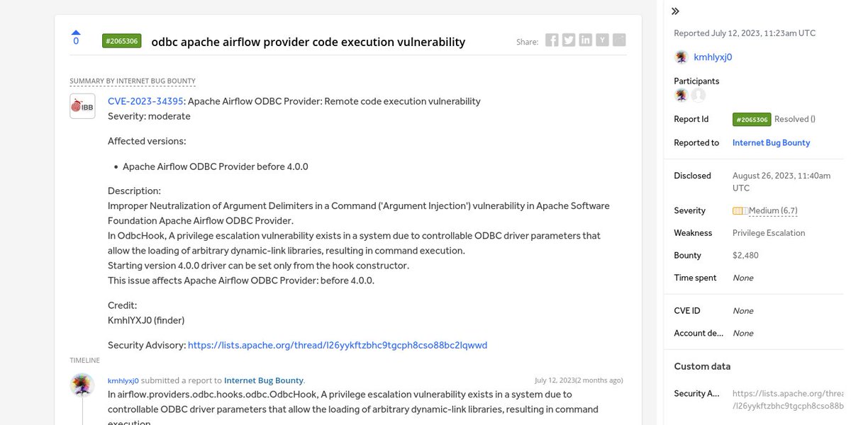 ⚡ odbc apache airflow provider code execution vulnerability 
👨💻 kmhlyxj0 ➟ Internet Bug Bounty 
🟧 Medium
💰 $2,480
#bugbounty #bugbountytips #cybersecurity
