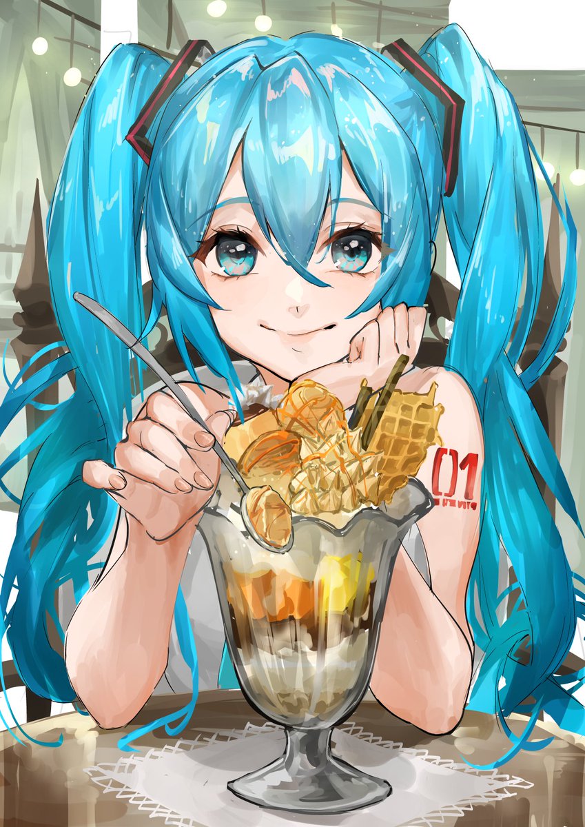hatsune miku 1girl solo long hair twintails food smile looking at viewer  illustration images