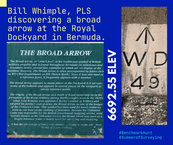 nysapls's tweet image. #GlobalBenchmark: Check out this Broad Arrow reference point that can be found throughout Bermuda William Whimple PLS shared! Learn how the British Government used these markings as a benchmark for surveying and mapping. 
#BenchmarkHunt #SummerofSurveying