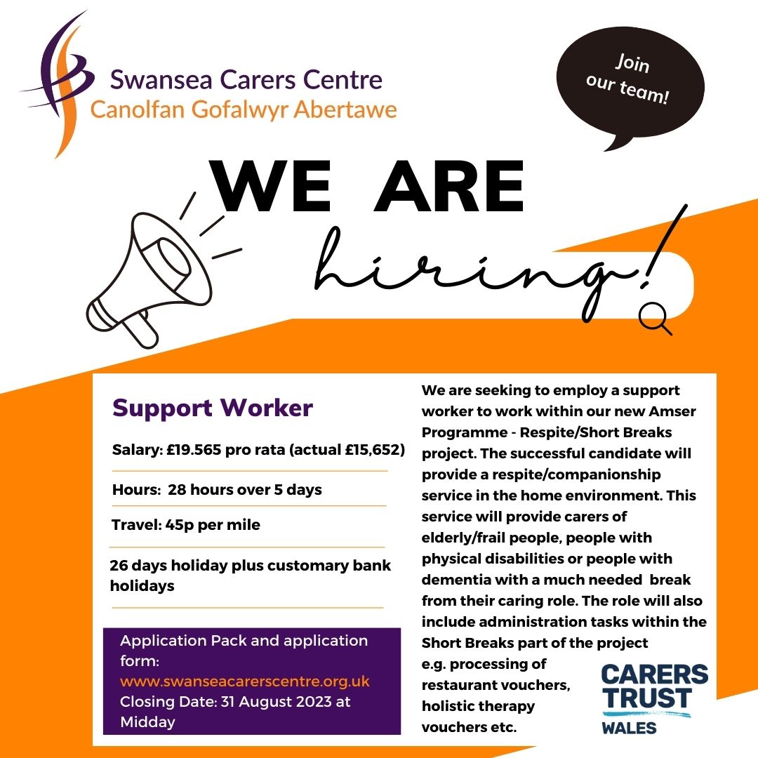 JOB VACANCY - Support Worker to work with our respite/short breaks programme Someone who understands the needs and problems experienced by family carers who are caring for a dependent family member or friend. Good admin skills essential. swanseacarerscentre.org.uk/we-are-hiring/