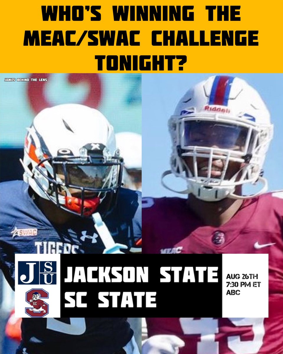 LightOnSports's tweet image. Who’s winning the MEAC/SWAC Challenge tonight? 👀

Pick One:
Jackson State 🐅 or SC State 🐶

📸: @jamesbehindlens, SC State FB