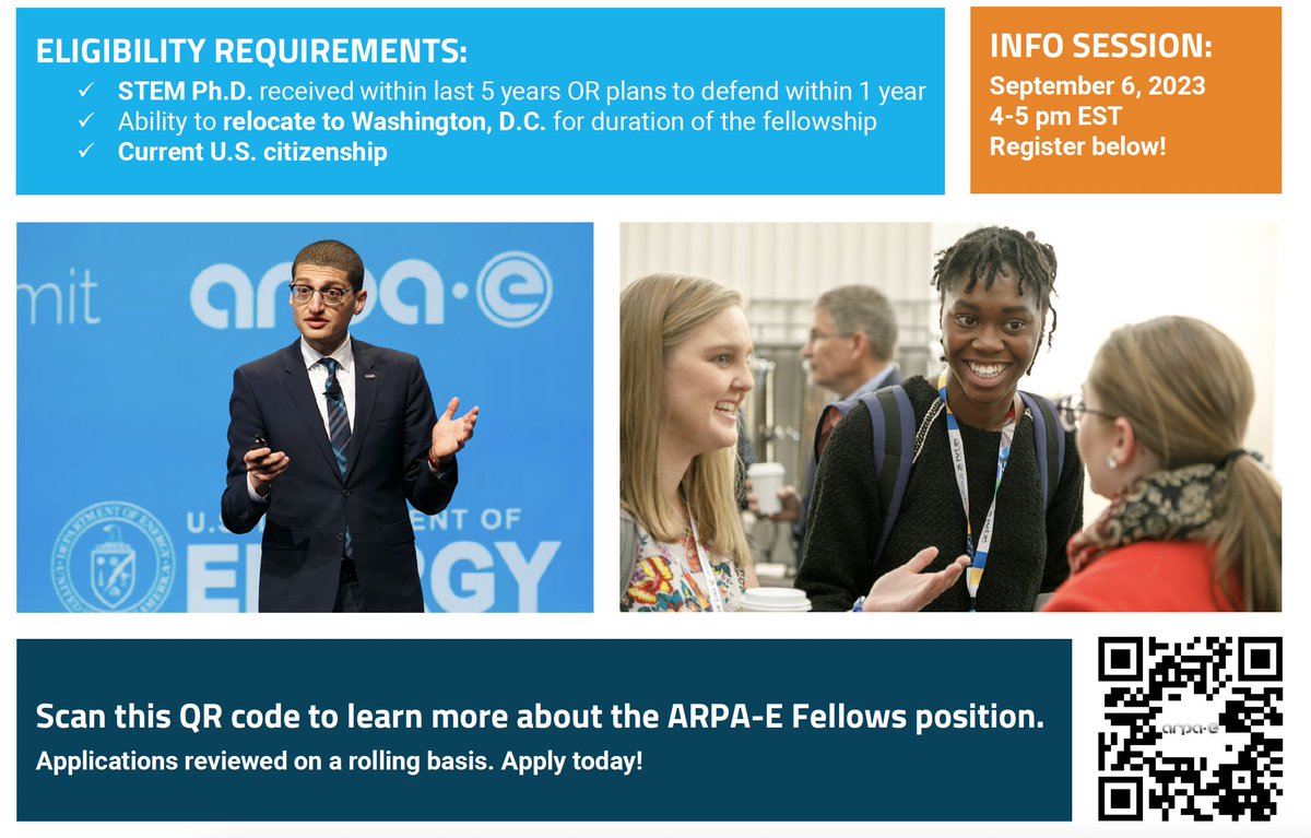 NMSUVPR's tweet photo. ARPA-E is hiring Fellows. Applicants must be (1) US citizens and (2) final-year PhD students or recent (<5 yrs) PhD graduates. Apply at https://t.co/Xm0mu5xz66. Register for virtual info session from 2-3 pm MT on Wednesday, September 6 at https://t.co/smiUV0w4tD. @NMSUResearch https://t.co/58TIANoQJ0