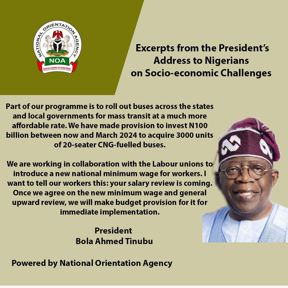 Fellow Nigerians, I made a solemn pledge to work for you. To improve your welfare and living conditions is of paramount importance to me and it's the only thing that keeps me up day and night. President Bola Ahmed Tinubu @officialABAT
#RenewedHope 
#Letthepoorbreathe