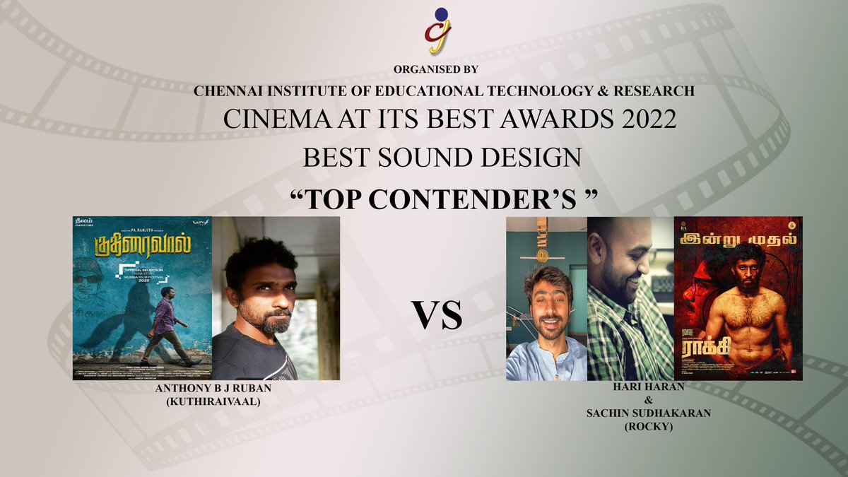 Cinema at its Best (@cinemaatitsbest) on Twitter photo #CAIBAWARDS 2022
#TOPCONTENDERS
#BESTSOUNDDESIGN
<a href="/anthoruban/">ANTHONY B J RUBAN</a>
#KUTHIRAIVAAL
<a href="/Manojjahson/">Manoj Leonel Jahson</a>
<a href="/Shyamoriginal/">Shyam Sunder</a>
<a href="/YaazhiFilms_/">Yaazhi Films</a>
<a href="/KalaiActor/">Kalaiyarasan</a>
#HARIHARAN
#SACHINSUDHAKARAN
#VIKRAM
<a href="/Dir_Lokesh/">Lokesh Kanagaraj</a>
<a href="/RKFI/">Raaj Kamal Films International</a>
<a href="/ikamalhaasan/">Kamal Haasan</a> #CAIBAWARDS 2022
#TOPCONTENDERS
#BESTSOUNDDESIGN
<a href="/anthoruban/">ANTHONY B J RUBAN</a>
#KUTHIRAIVAAL
<a href="/Manojjahson/">Manoj Leonel Jahson</a>
<a href="/Shyamoriginal/">Shyam Sunder</a>
<a href="/YaazhiFilms_/">Yaazhi Films</a>
<a href="/KalaiActor/">Kalaiyarasan</a>
#HARIHARAN
#SACHINSUDHAKARAN
#VIKRAM
<a href="/Dir_Lokesh/">Lokesh Kanagaraj</a>
<a href="/RKFI/">Raaj Kamal Films International</a>
<a href="/ikamalhaasan/">Kamal Haasan</a>