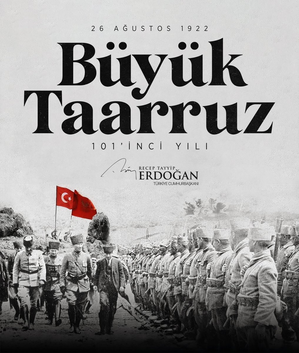 Aziz milletimizin istiklâline ve istikbaline olan sevdasını en güçlü şekilde gösteren, kurtuluş mücadelesinin zaferle taçlanacağını müjdeleyen Büyük Taarruz’un 101’inci yıl dönümünde, Gazi Mustafa Kemal’i ve Millî Mücadele’mizin kahraman tüm neferlerini şükranla yâd ediyorum. 🇹🇷