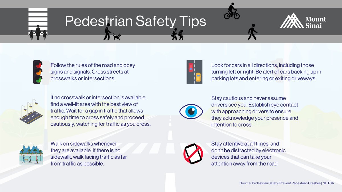 Mount Sinai Morningside (@msmorningside) on Twitter photo Back-to-school season is approaching soon! With the increasing traffic and bustling streets, it’s essential that we all play a part in promoting pedestrian safety.
Here are some pedestrian safety tips from <a href="/MSMorningside/">Mount Sinai Morningside</a>'s Trauma Program. Back-to-school season is approaching soon! With the increasing traffic and bustling streets, it’s essential that we all play a part in promoting pedestrian safety.
Here are some pedestrian safety tips from <a href="/MSMorningside/">Mount Sinai Morningside</a>'s Trauma Program.