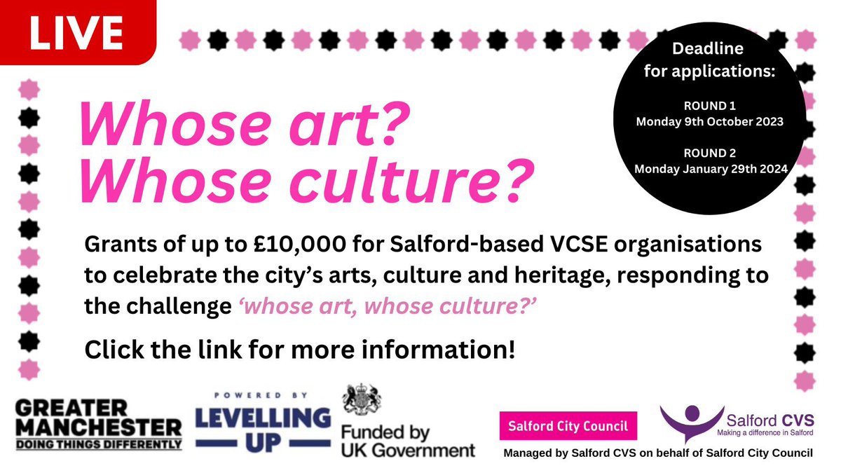 Applications are now open for the City of Salford’s: “Whose Art, Whose Culture? Fund!” Grants of up to £10k are available for projects that celebrate & document arts, culture & heritage in all its forms – beyond traditional definitions. Apply now: orlo.uk/sZehB