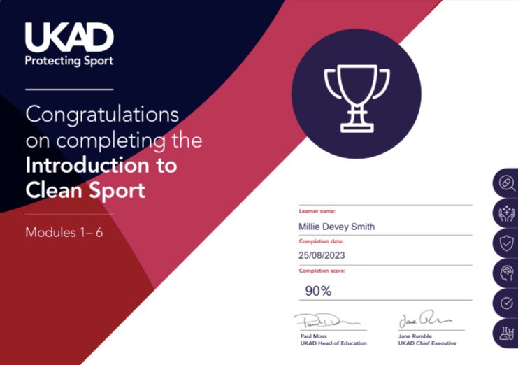 millie_ds's tweet photo. Delighted to have passed my @ukantidoping Introduction to Clean Sport course which has replaced the Clean Sport Advisor course.

The course built upon my previous knowledge of anti-doping and provided the latest information to continue to support athletes and protect clean sport. https://t.co/OLydnGJX8v