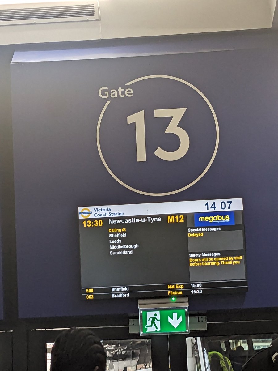 EK_Inglis's tweet photo. @megabusuk what's happening with the M12 service from London? Been waiting over an hour, delayed on the board but apparently already departed on live tracker? https://t.co/sQEFoZdz01