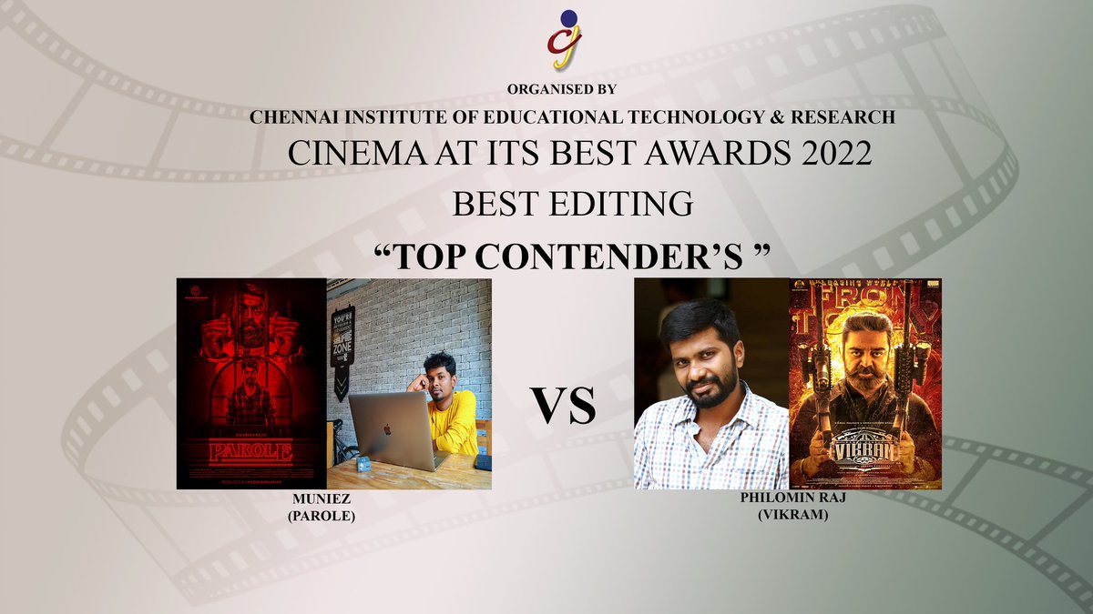 Cinema at its Best (@cinemaatitsbest) on Twitter photo #CAIBAWARDS 2022
#TOPCONTENDERS
#BESTEDITING
<a href="/MuniezEditor/">Madurai Muniez</a>
#PAROLE
<a href="/iamdwarakh/">Dwarakh Raja</a>
#TRIPR
<a href="/madhu1134/">Madhusudhanan</a>
<a href="/linga_offcl/">Linga</a>
<a href="/philoedit/">Philomin Raj</a>
#VIKRAM
<a href="/Dir_Lokesh/">Lokesh Kanagaraj</a>
<a href="/RKFI/">Raaj Kamal Films International</a>
<a href="/ikamalhaasan/">Kamal Haasan</a> #CAIBAWARDS 2022
#TOPCONTENDERS
#BESTEDITING
<a href="/MuniezEditor/">Madurai Muniez</a>
#PAROLE
<a href="/iamdwarakh/">Dwarakh Raja</a>
#TRIPR
<a href="/madhu1134/">Madhusudhanan</a>
<a href="/linga_offcl/">Linga</a>
<a href="/philoedit/">Philomin Raj</a>
#VIKRAM
<a href="/Dir_Lokesh/">Lokesh Kanagaraj</a>
<a href="/RKFI/">Raaj Kamal Films International</a>
<a href="/ikamalhaasan/">Kamal Haasan</a>