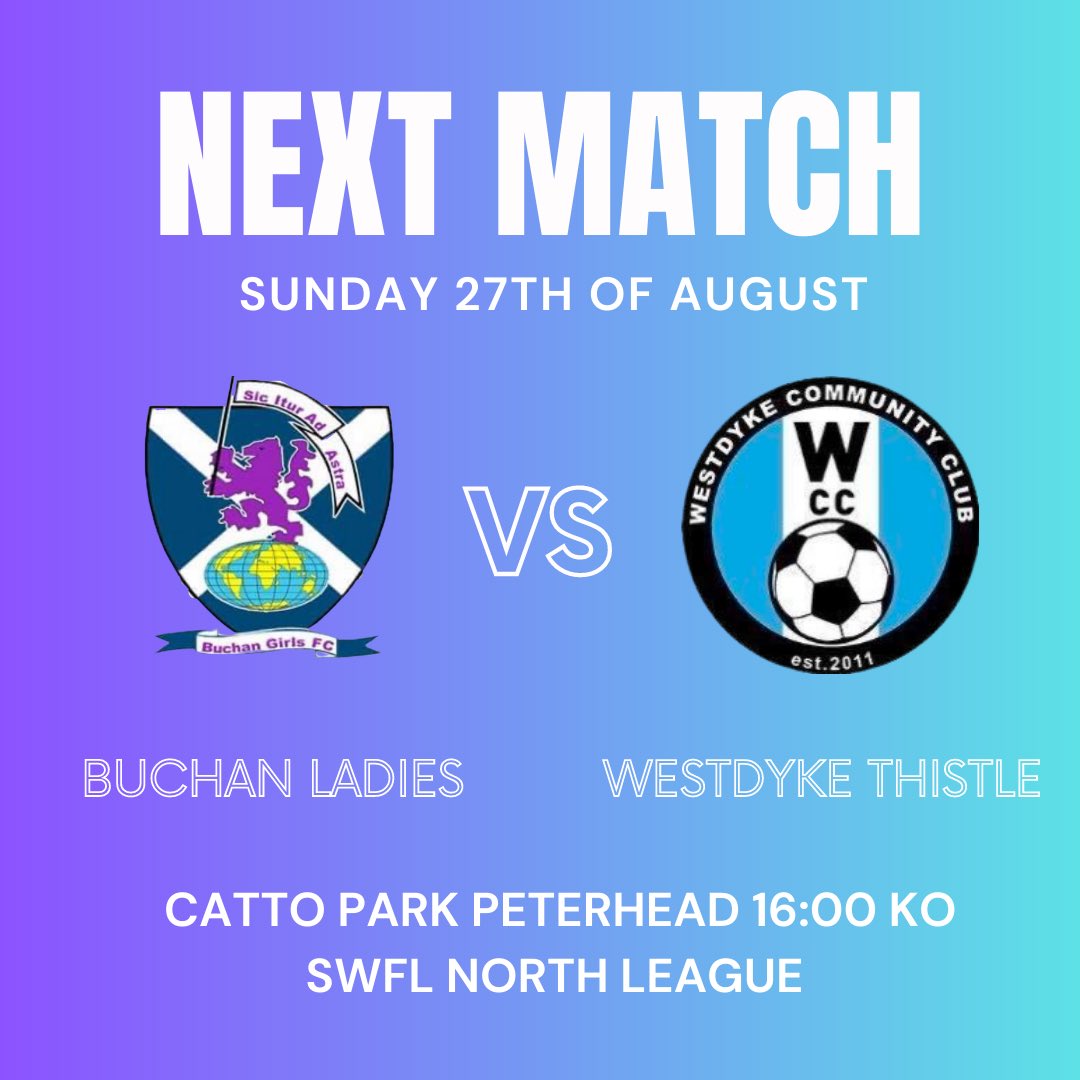 westdykethistle's tweet photo. FIRST LEAGUE GAME OF THE SEASON 🩵🤍

Tomorrow we take the trip up to Peterhead to face Buchan Girls and Ladies FC in our first league of the season. 

Buchan Ladies 🆚 Westdyke Ladies Thistle 

Catto Park Peterhead 📍

4:00pm Kick Off ⏰

SWFL League North 🏆 https://t.co/1AdgXGAPUh