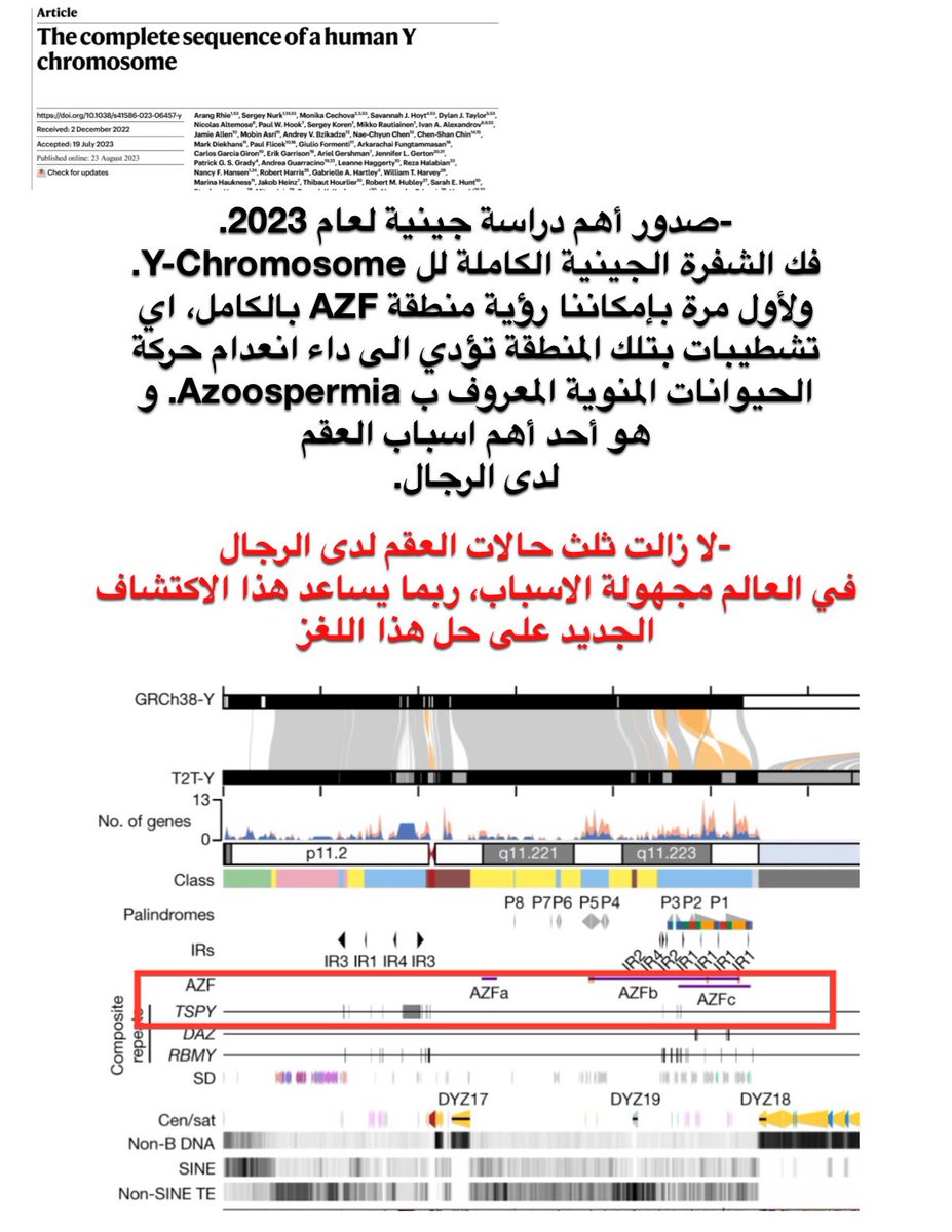 💥New

For the 1st time, complete sequencing of Y-Chromosome fully unlocks the TSPY protein coding genes & the AZF region that is responsible for the notorious male  infertility condition Azoospermia.

To day, roughly 1/3 of male infertility remains unexplained, maybe no more ?