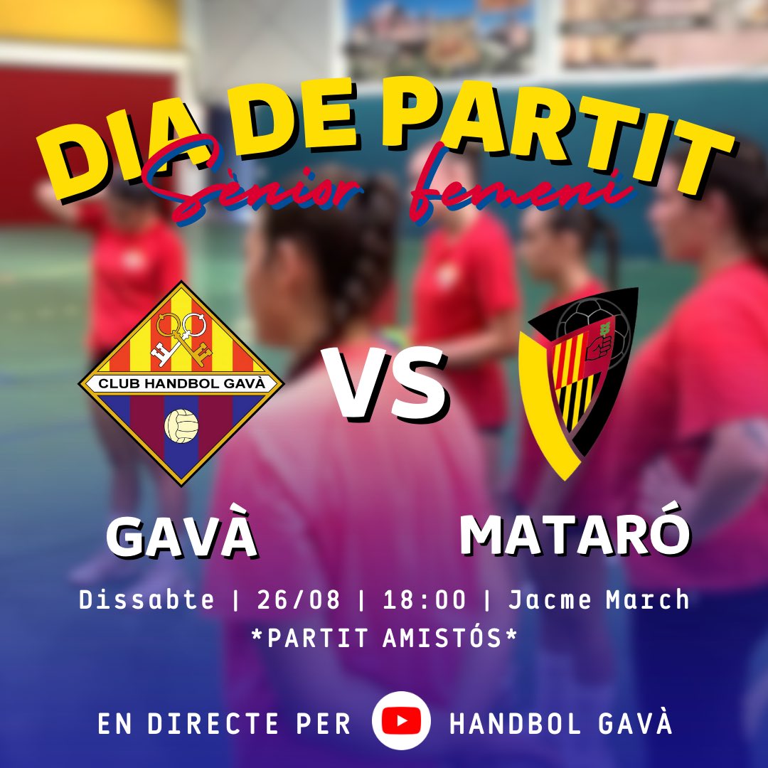 Clubhandbolgava's tweet photo. GAME DAY 
Partit Amistós
🆚 Handbol Mataró
🕦 18:00
🏟️Jacme March

En directe per Youtube Handbol Gavà

💙❤️

#ADNHandbol https://t.co/mY2sJfPmr5