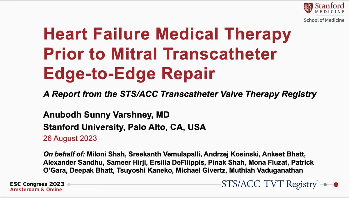 1/ Wonderful to present our #TVTRegistry analysis on HF #GDMT prior to mitral TEER at the #ESCCongress Young Investigator Awards Session in HF, simultaneously published in #EHJ: 

academic.oup.com/eurheartj/adva…

Some key take-aways / slides below 👇