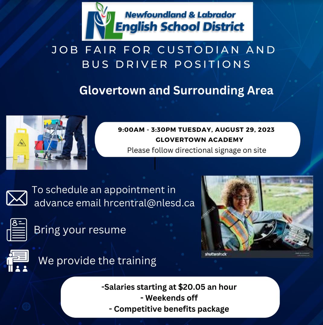 The NLESD will be hosting a job fair in GLOVERTOWN at GLOVERTOWN ACADEMY for bus drivers and school custodians on Tuesday, Aug 29. Create a profile, upload your resume, and arrange a general interview ahead of time. bit.ly/47grvfo