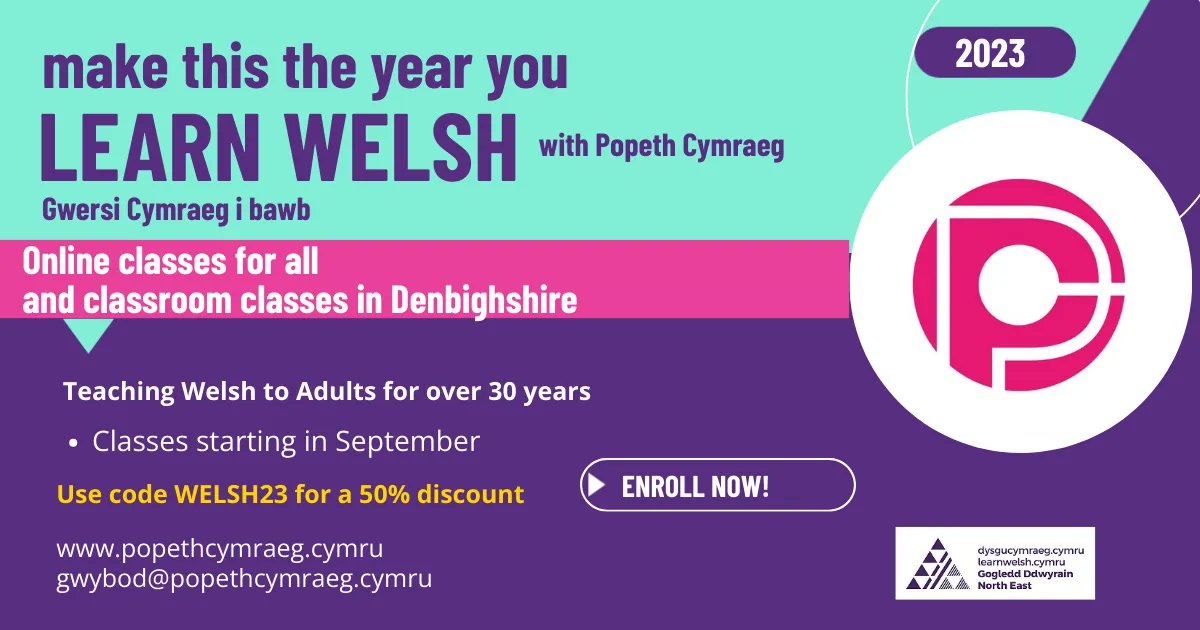 popethcymraeg's tweet photo. Dechreuwyr / New Learners:  Use code WELSH23 until 30/09/23 for 50% discount.
https://t.co/aRqOmI9BrK 
#DysguCymraeg #SeptemberWelsh #LearnWelsh #WelshClassDiscount https://t.co/a6T4s66tVS