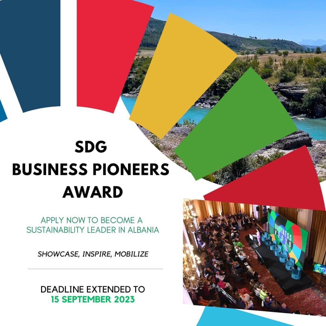 UNDPAlbania's tweet photo. We have extended the deadline for the #SDGPioneerAward to 15 September. 
We will honor businesses that  have embraced and contributed to achieving the Sustainable Development Goals in #Albania 
👉 Apply  through this link: https://t.co/S0uMXVmBy6

@SwedeninAL @UN_Albania https://t.co/WlqRIsCaEn