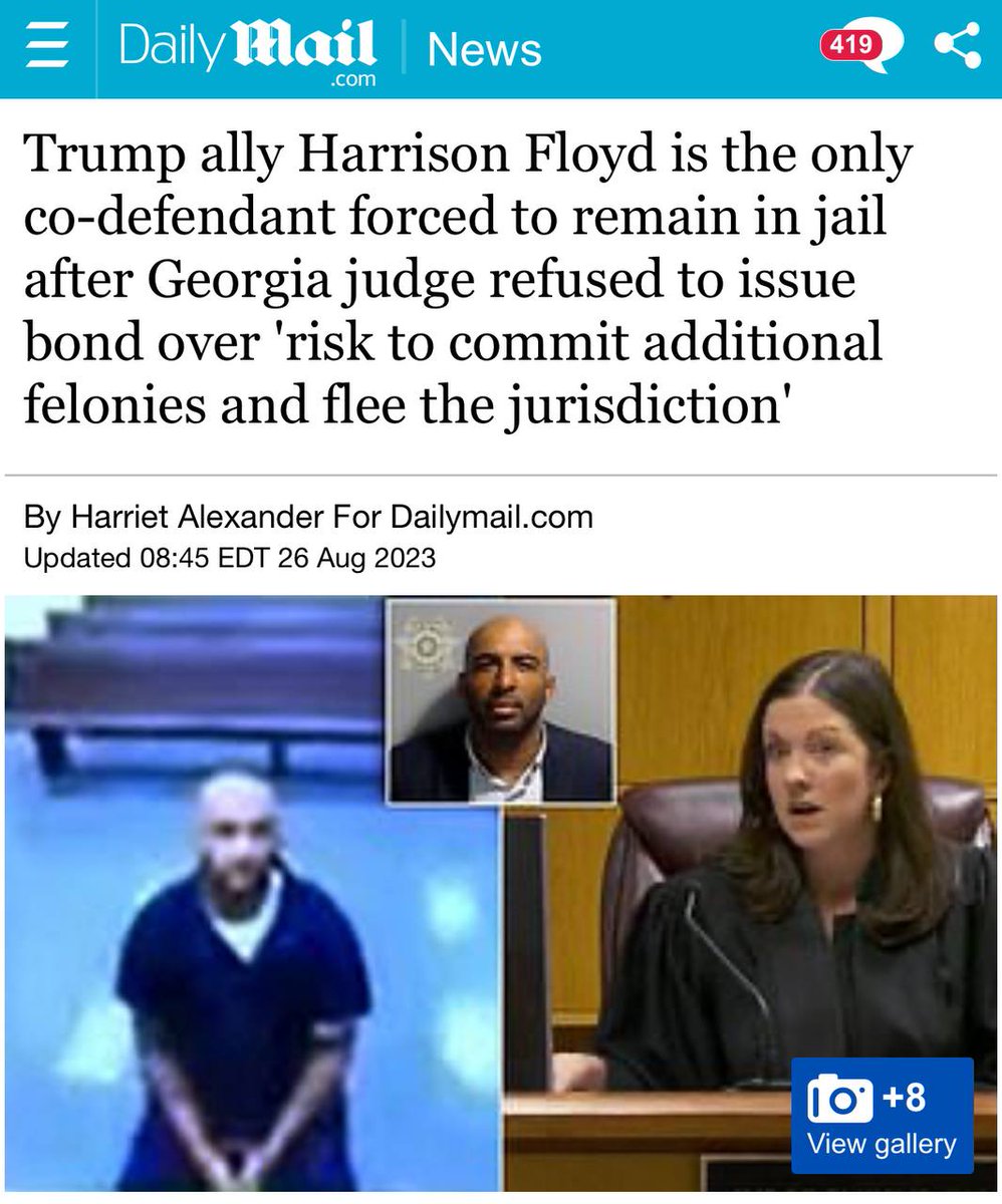 Trump ally Harrison Floyd is the only co-defendant forced to remain in jail after Georgia judge refused to issue bond over 'risk to commit additional felonies and flee the jurisdiction' 👀

#TrumpArrest #DonaldTrump #TrumpMugShot #Trump2024 #harrisonfloyd #TrumpIndicment…