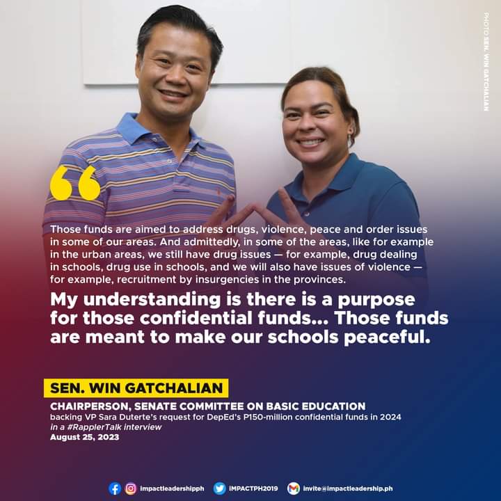 iMPACTPH2019's tweet photo. FOR 'DRUG DEALING' IN ELEMENTARY AND HIGH SCHOOLS?

Sen. Win Gatchalian, Chairperson of the Senate Committee on Basic Education, backs VP Sara Duterte's request for P150-million confidential funds for DepEd, saying "there is a purpose" for such funds.

#BantayBudget2024 https://t.co/L3NFirawqc