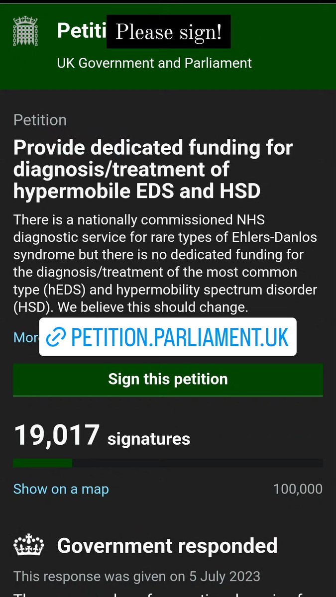 Please sign!
petition.parliament.uk/petitions/6373…
#petition #hsd #eds #ehlersdanlossyndrome #Hypermobility #hypermobilityspectrumdisorder #chronicpain #chronicfatigue #uk #medical #medicine #healthcare #NHS